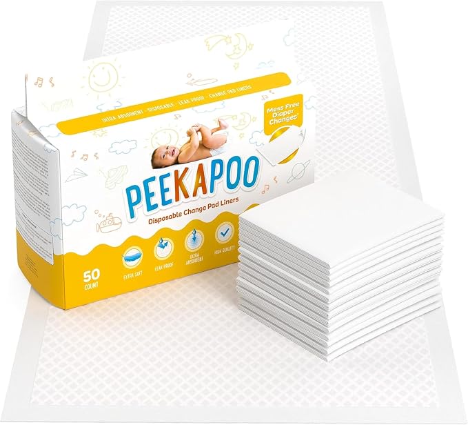 Peekapoo - The Original Disposable Baby Changing Pad Liners – 50 Pack | Super Soft, Waterproof, Ultra Absorbent | Portable, Travel-Friendly, Mess-Free Diaper Changes Anywhere | Super Soft, Waterproof, Ultra Absorbent, Fragrance-Free, No Dyes, 24 x 18 I... by PEEKAPOO
