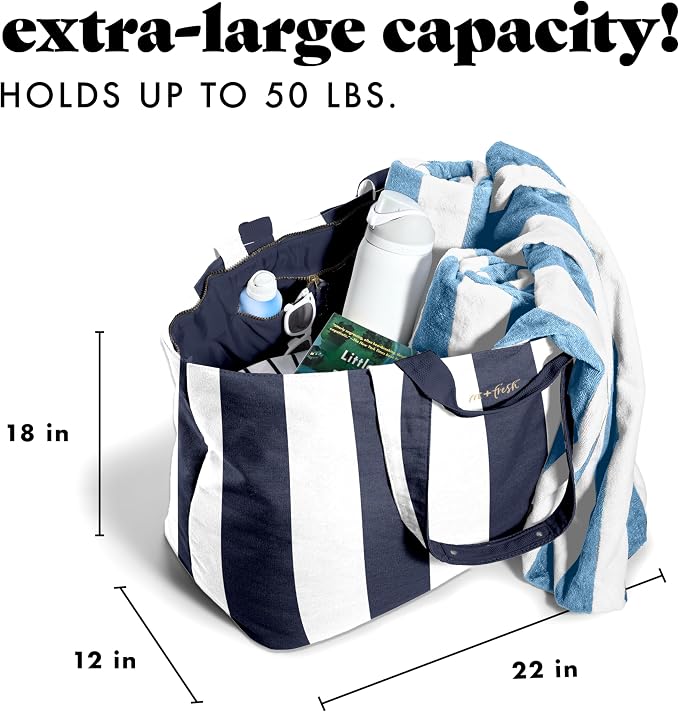 Fit & Fresh XL Beach Tote Bag for Women – XL Travel Tote with Zipper & Pockets, Oversized Canvas Pool Bag, Weekender Carry-On - Image 3