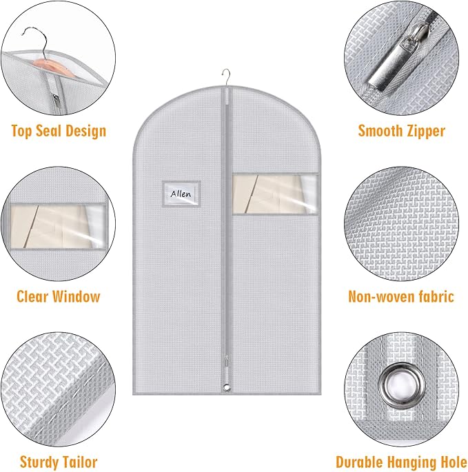 Syeeiex 40" Suit Bag, Set of 5 Garment Bags for Hanging Clothes, Suit Bags for Closet Storage, Garment Bags for Storage Suits,T-shirts, Jackets and Coats(Grey Pattern) - Image 3