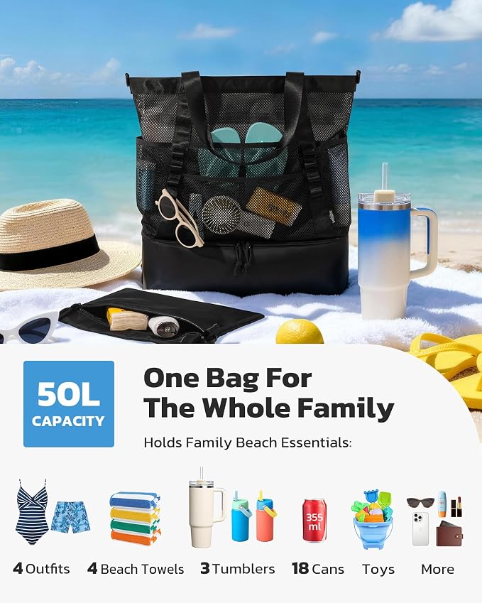 Large Beach Bag with Cooler Mesh Beach Tote for Women Insulated Pool Bag - Image 3
