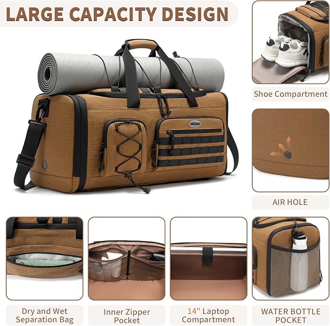 Bosstin Gym Bag for Men & Women,45L Travel Duffle Sports Duffel Bag Gym Weekender Overnight Backpack with Shoe Compartment (CAMEL CHECKERED) - Image 3