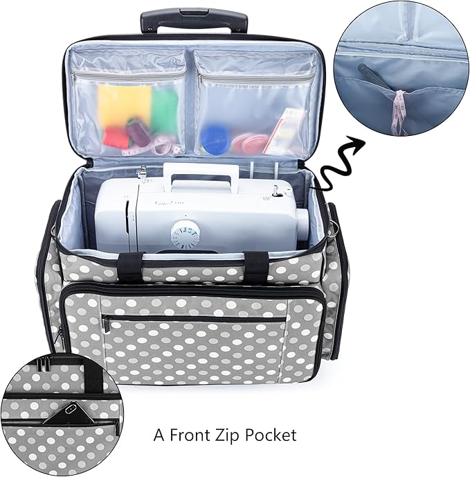 LUXJA Sewing Machine Case with Detachable Dolly, Gray Dots | Rolling Tote with Removable Bottom Pad for Most Standard Sewing Machines, Patented Design - Image 3
