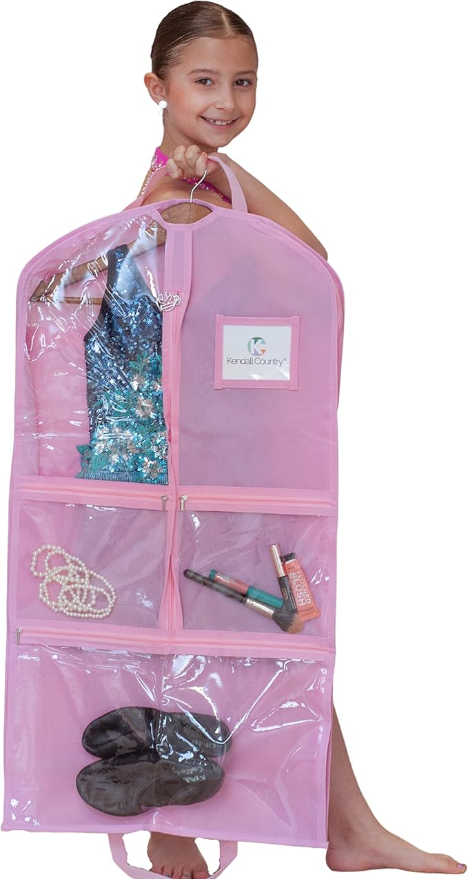 Waterproof Hanging Garment Bag 35 inch Clothes Bag with Gusset, 5 Pockets & Side Zip for Dance Costumes, Theatre, Beauty Pageants & More. Best for younger performers with small costume pieces. by KendallCountry