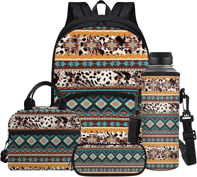Aztec Western Leopard Print Backpack for Boys Girls Bookbag with Lunch Box & Pencil Case & Water Bottle Sleeve 4 in 1 Casual Outdoor Daypack by Glomenade