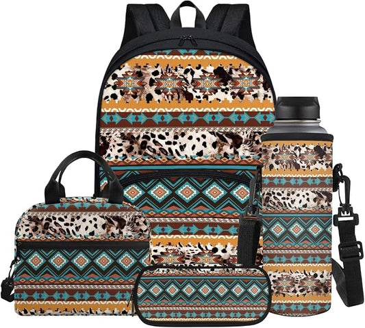 Aztec Western Leopard Print Backpack for Boys Girls Bookbag with Lunch Box & Pencil Case & Water Bottle Sleeve 4 in 1 Casual Outdoor Daypack by Glomenade