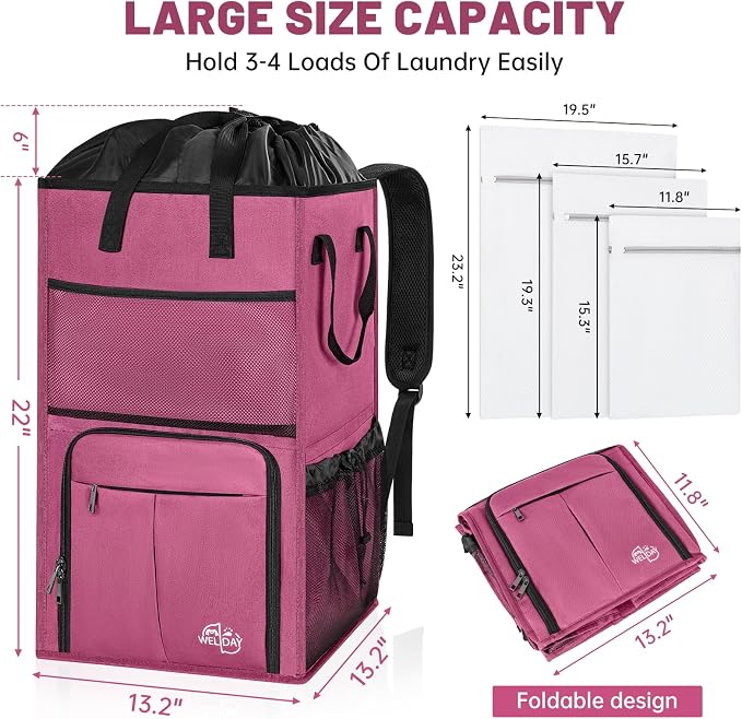 170L Laundry Backpack Bag with 3 Sizes Mesh Wash Bags Empty, Extra Large 2 in 1 Laundry Hamper Basket with Shoulder Straps, Freestanding Laundry Bag for College Dorm, Laundromat, Apartment (Pink) - Image 3