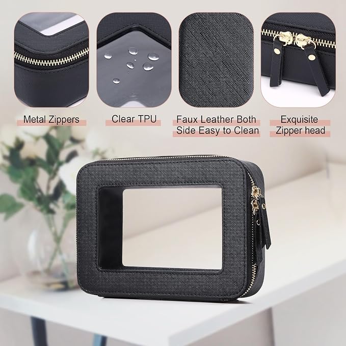 Pinkmik Clear Makeup Bag for Women Waterproof Travel Cosmetics and Toiletries Case Portable Makeup Oaganizer Bag Clear Car Bag with Zipper (Black, M) - Image 5