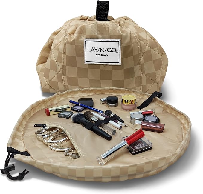 Lay-n-Go Cosmo Layflat Drawstring Cosmetic & Makeup Bag Organizer - Portable Drawstring Bag w/Zipper Pocket, Makeup Loops & More - Durable, Machine Washable Toiletry Bag for Travel (20", Checked) by Lay-n-Go