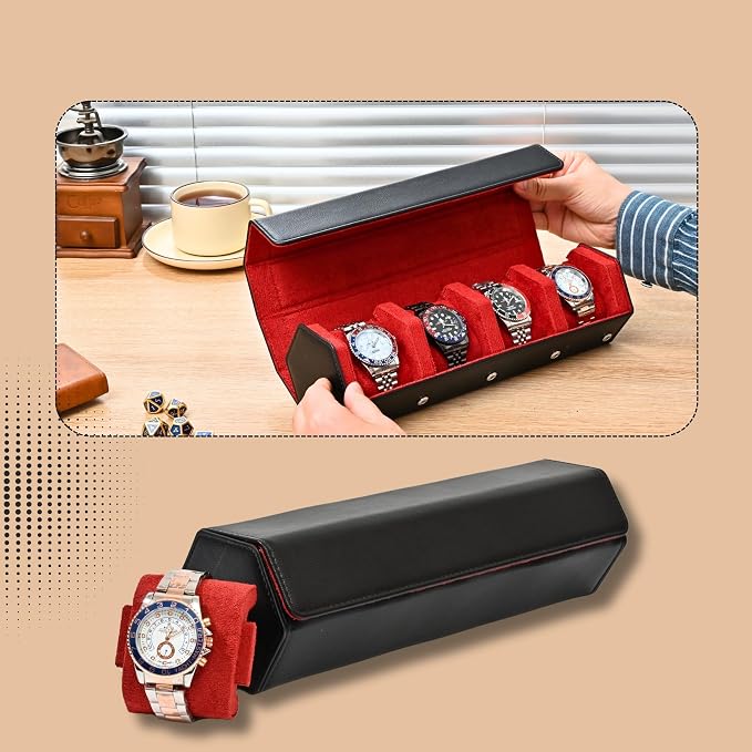 4-Slot Leather Watch Roll Travel Case with Velvet Interior,Black Red | Multiple Watch Capacity,Premium Hexagon Leather,Velvet M-Shaped Cushions,Secure Snap Closure,Storage Organizer - Image 3