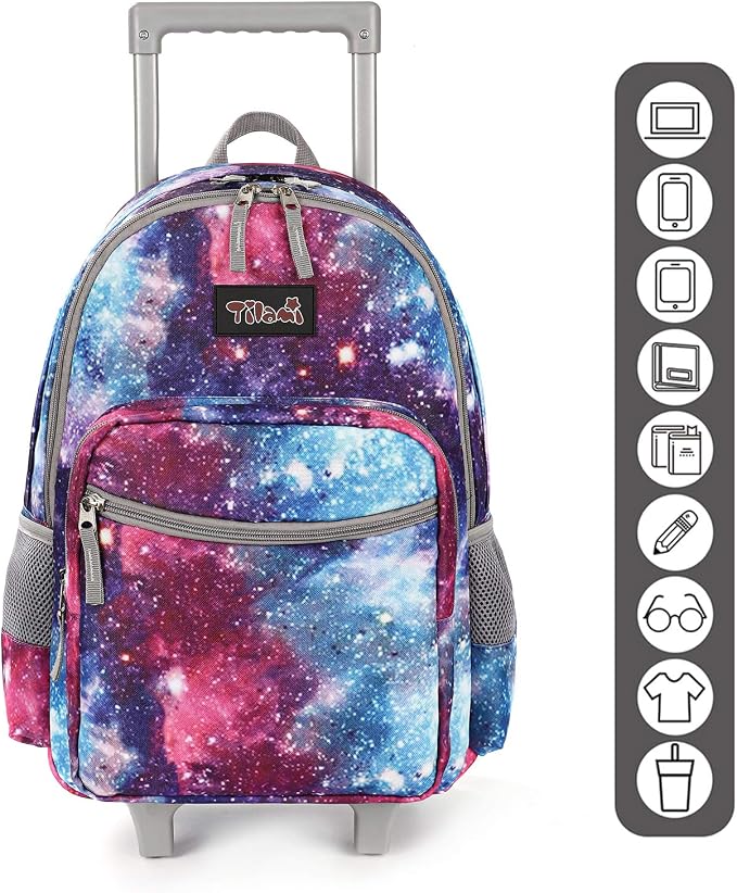 Tilami Rolling Backpack 18 inch Double Handle with Lunch Bag Wheeled Kids Backpack for Girls and Boys, Galaxy - Image 3