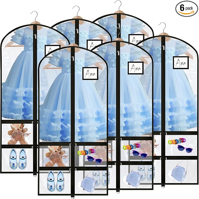 6 Pcs 24'' x 50'' Clear PVC Garment Bag Dance Costume Competition Bag with Rack Zippers Pockets Hanging Garment Covers Costume Organizer Costume Carrier for Adults Kids(Transparent Black) by Suttmin