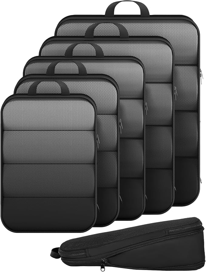 Veken 6/9/11 Set Compression Packing Cubes for Travel Essentials,Compressible Expandable Luggage Suitcase Organizer Bags with Garment Bag,Space Saver Bags with Over 1000 pcs of Mesh Holes(Black) by Veken