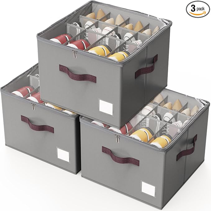Criusia Shoe Organizer for Closet, 3 Pack Shoe Organizer with Transparent Cover and Sturdy Handles, Closet Shoe Storage for Sneakers Sandals Slippers, Fit 12-16 Pairs, Gray by Criusia