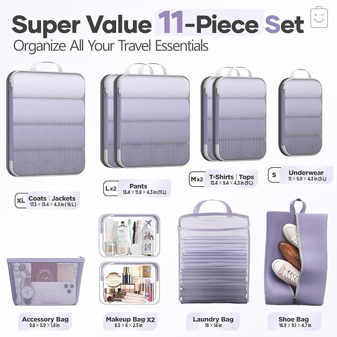 Veken 11 Set Compression Packing Cubes for Travel Essentials,Compressible Expandable Luggage Suitcase Organizer Bags with Garment Bag,Space Saver Bags with Over 1000 pcs of Mesh Holes(Purple Gray) - Image 2