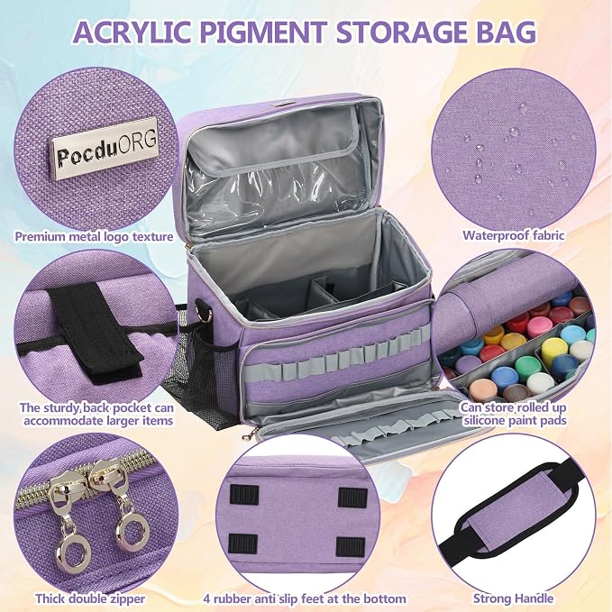 Art Supplies Organizer Storage Bag with Detachable Paint Brush Holder & Partition - Carrying Case for Home/Travel/Outdoor Fits Marks, Acrylic Paint, Palettes, Folding Buckets, Portfolios (Pro Purple) - Image 2