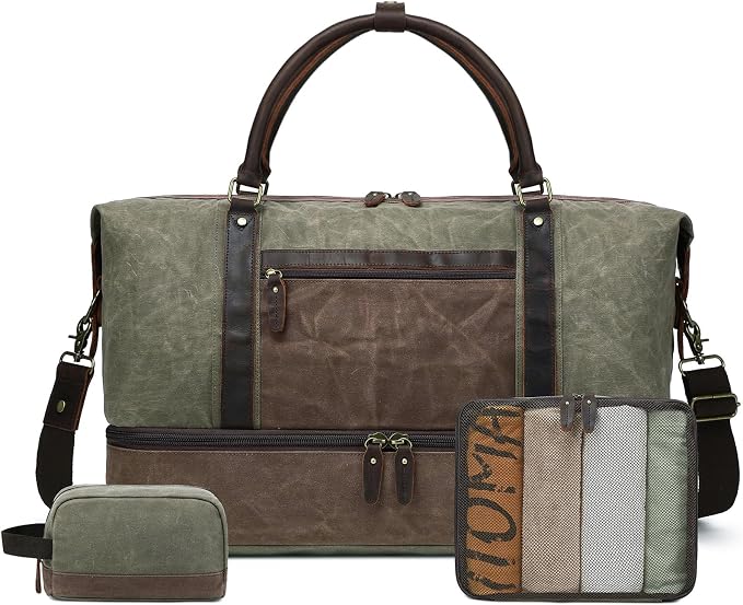 Waxed Canvas Duffel Bag with Shoe Compartment | 3-Piece Oversized Weekender Set Genuine Leather Trim Vintage Travel Carry-On Overnight Bag by BRASSTACKSLeathercraft