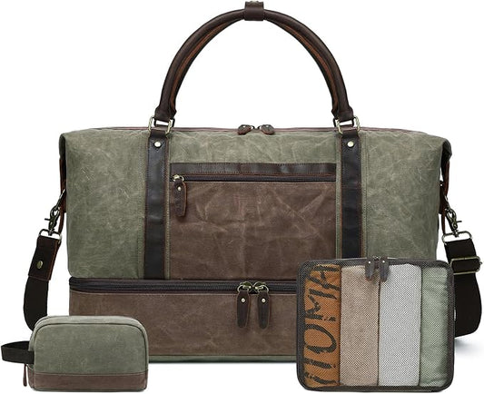 Waxed Canvas Duffel Bag with Shoe Compartment | 3-Piece Oversized Weekender Set Genuine Leather Trim Vintage Travel Carry-On Overnight Bag by BRASSTACKSLeathercraft