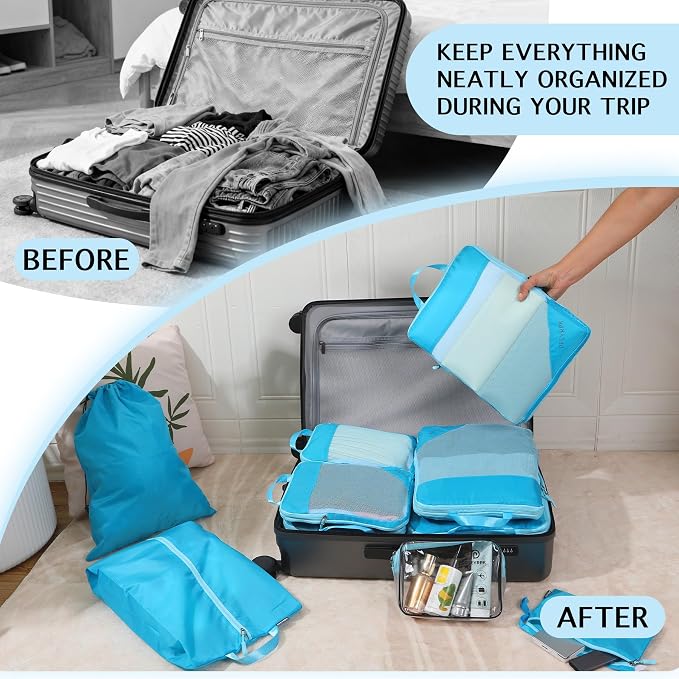 PFEYRPK Lightweight Compression Packing Cubes for Suitcases, Compressible Expandable Travel Packing Organizer with Clear Toiletries and Backpack Bag, Travel Essentials for Carry on Luggage 7 Set - Image 3