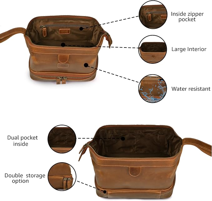 LEATHER VILLAGE Genuine Leather Dopp Kit – Large Travel Toiletry Bag with Waterproof Lining, Dual-Zip Design for Men & Women, Organizer for Shaving, Makeup & Essentials - Tan - Image 2