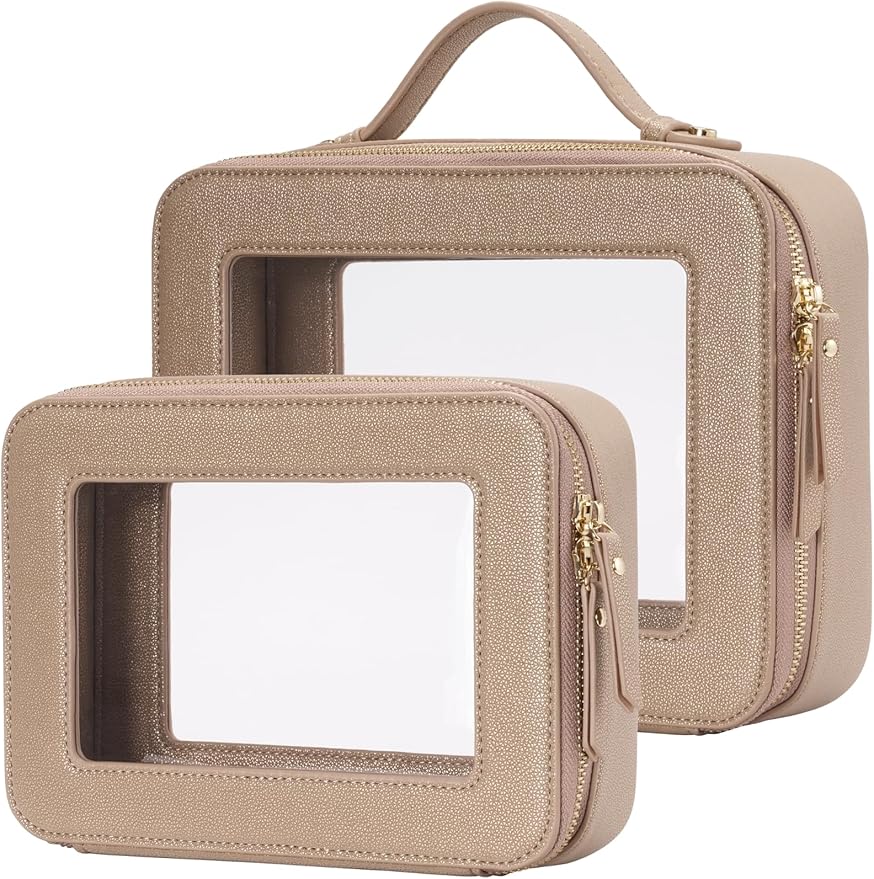 Popvibe Clear Makeup Bag Travel Cosmetic Case Transparent Toiletry Bag with Zipper, Portable Make Up Organizer Traveling Compact Car Bag for Essentials, Gold, Medium and Large by POPVIBE