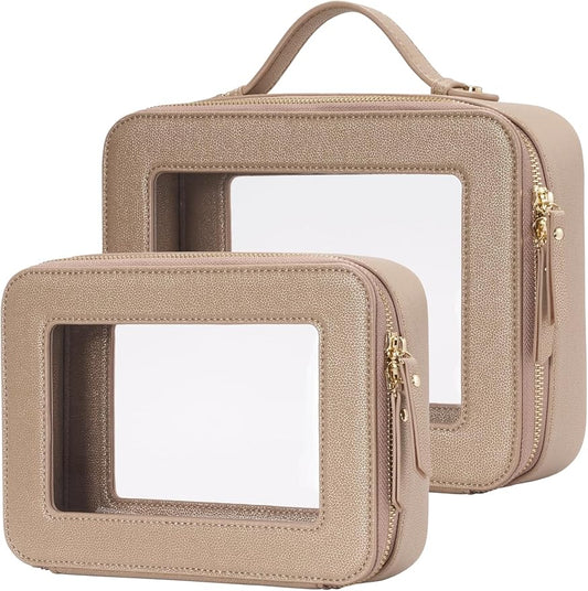 Popvibe Clear Makeup Bag Travel Cosmetic Case Transparent Toiletry Bag with Zipper, Portable Make Up Organizer Traveling Compact Car Bag for Essentials, Gold, Medium and Large by POPVIBE