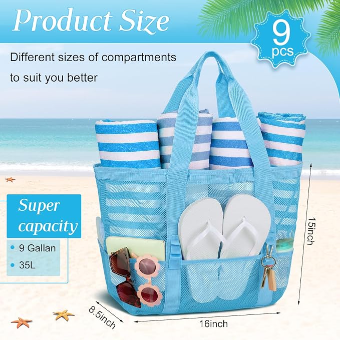Hillban Large Beach Mesh Bags Bulk for Women Beach Tote Bag with 8 Pocket Zipper Waterproof Sandproof for Pool Cruise Ship - Image 2