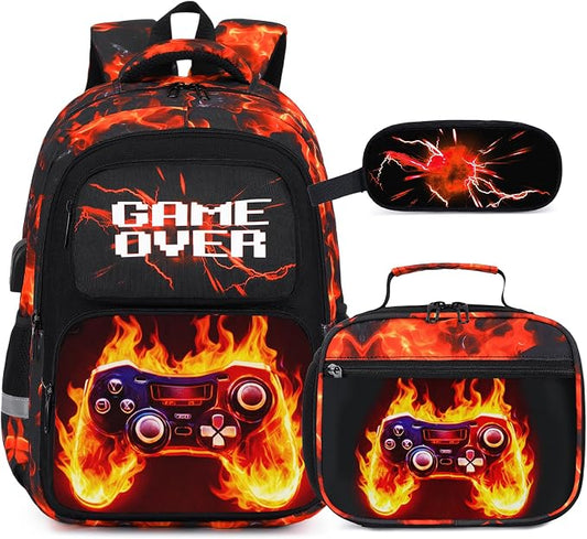 Bevalsa Backpack for Boys, School Bags for Kids, Bookbag for Boys Children Teens Backpacks for Elementary Middle High School Student, Bookbag and Lunch Bag Set with USB Charging Port (Orange Flame) by Bevalsa
