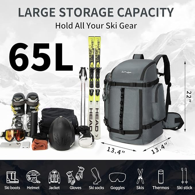 65L Ski Boot Bag,Large Duffle Travel Bag,1680D Nylon Waterproof Padded Ski Boot Bag Backpack For Women Men Kids - Image 3
