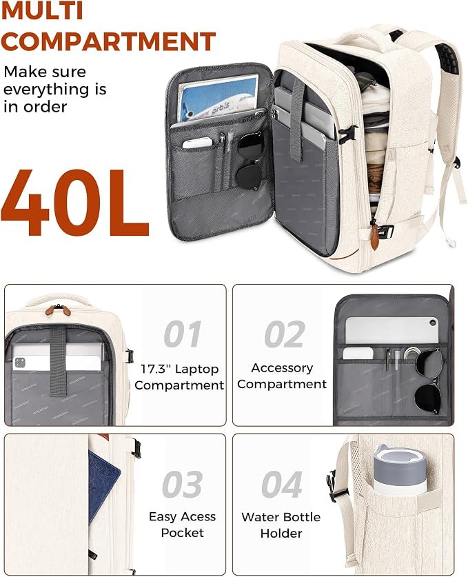 Vancropak Travel Backpack for Women, Airline Approved Carry on Backpack | 3 Packing Cubes, Fits 17" Laptop, Expandable Large 40L Travel Bag, Personal Item Backpack 18x14x8, Anti Theft,Weekend Daypack - Image 2