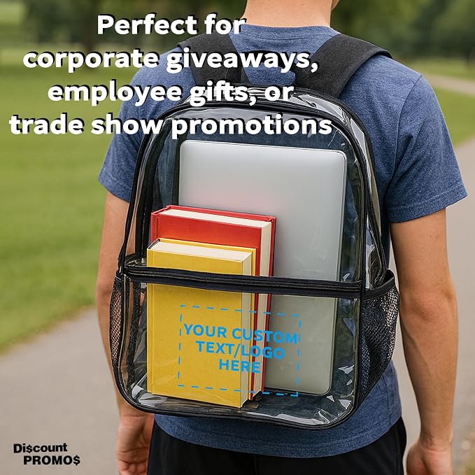 DISCOUNT PROMOS Custom Clear PVC Plastic Backpacks Set of 6/12/24, Personalized Bulk Pack - Water Resistant, Perfect for Travel, Outdoor - Clear Black - Image 3