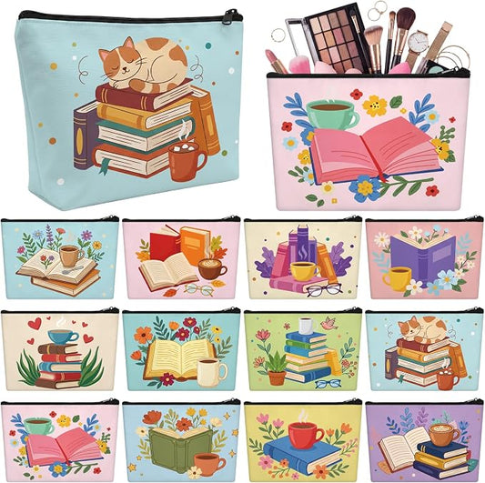 Sweetude 12 Pcs Book Club Gifts Book Makeup Bag Bulk Back to School Travel Cosmetic Bag with Zipper Bookish Waterproof Roomy Travel Toiletry Organizer Storage Beauty Pouch for Women Books Lover Gifts by Sweetude