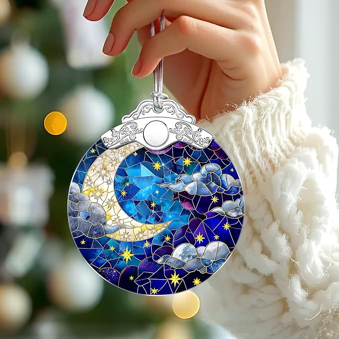 Moon and Star Stained Glass Ornament, Christmas Ornaments – Christmas Tree Decorations, Holiday Decor, Stocking Stuffer, Gift Idea, Gifts for Astronomy Lover, Friend, and Family