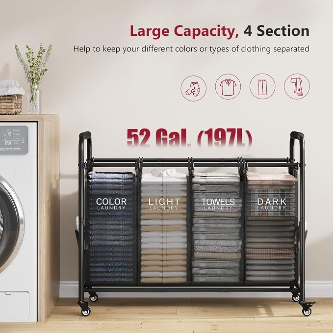 Tajsoon 4 Bag Laundry Sorter Cart, 4 Section Laundry Hamper Sorter with Heavy Duty Lockable Rolling Wheels, Laundry Separator Hamper with Removable Bags for Dirty Clothes Storage, Black - Image 4