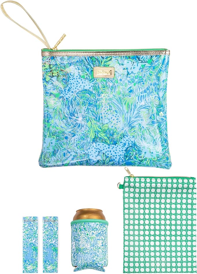 Lilly Pulitzer Water Resistant Vinyl Beach Day Pouch, Zipper Bag Includes Drink Hugger, Small Pouch, and Towel Clips by Unknown