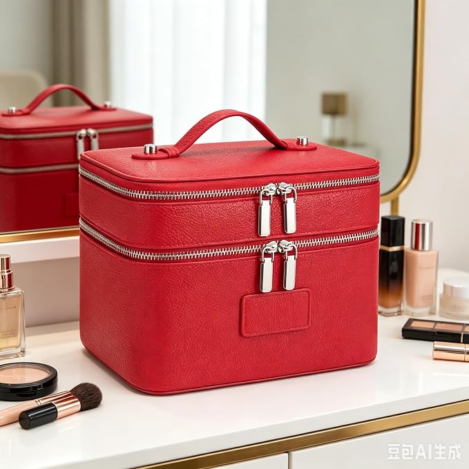 Makeup Case,Leather Double Layer Makeup Bag Duo,Large Portable Travel Toiletry Case Cosmetic Organizer for Women - Image 6