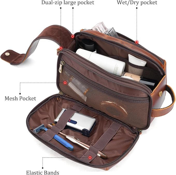 Polare Full Grain Leather Toiletry Bag for Men Large Travel Cosmetic Case Dopp Kit Shaving Kit Wash Pouch with YKK Zippers (Brown) - Image 5