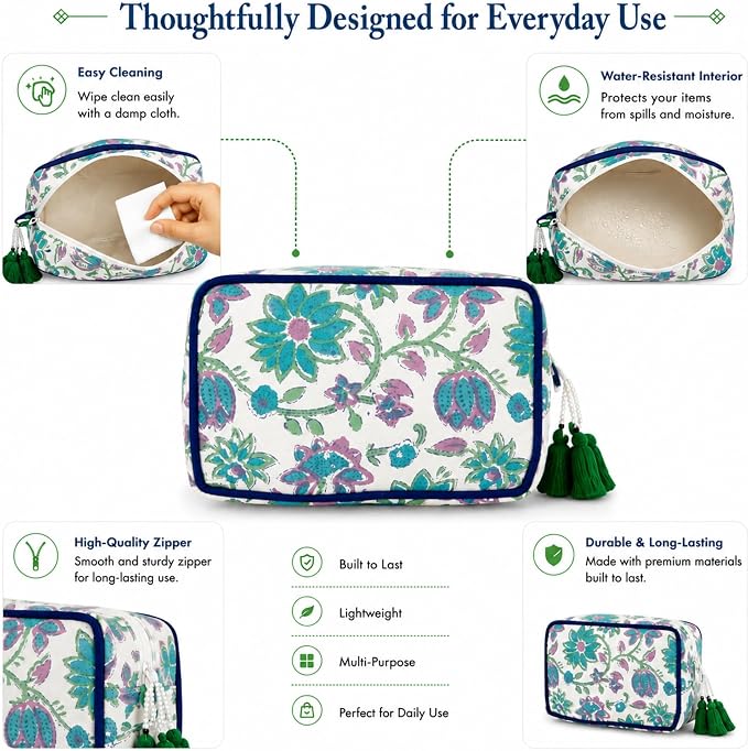 Travel Makeup Bag- Large Capacity Cosmetic Bags for Women - Water Resistance Lining Portable Pouch & Open Toiletry Bag - Perfect Girls Makeup Organizer for Travel Essentials (White & Green Floral) - Image 3