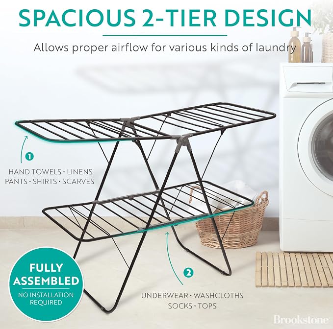 Brookstone 2 Tier Folding Rack - Indoor/Outdoor Collapsible Clothes Dryer Stand Laundry or Shoe Rack, Heavy Duty Freestanding Garment Hanger, Foldable, Clothing Drying Rack, Black - Image 5