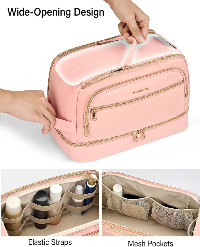Hanke Travel Toiletry Bag, Lightweight Wide-open Makeup Bag, Dual-Layer Travel Bag for Toiletries Water-Resistant Cosmetic Bags Large Toiletry Bags for Women & Men, Travel Essentials, Pink - Image 2