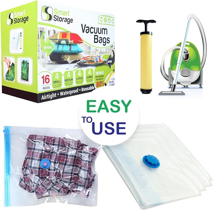 16 Pack Vacuum Storage Bags Space Saver Set with Hand Pump, 4 Jumbo 4 Large 4 Medium 4 Small Vacuum Seal Bags for Clothes Comforters Blankets Bedding Travel, Reduces Original Volume 80% - Image 5