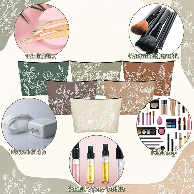 Sweetude 12 Pcs Boho Line Flowers Makeup Bag Bulk Boho Gifts Portable Travel Cosmetic Bags with Zipper Retro Floral Waterproof Portable Roomy Travel Toiletry Organizer Storage Beauty Pouch for Women - Image 4