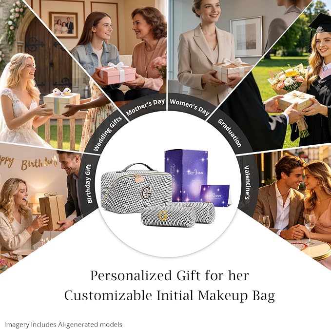 Personalized Gift Travel Makeup Bag: Initial Makeup Organizer Bag for Women | 3-in-1 Custom Make up Bag Set - Vegan Leather Travel Cosmetic Bag - Luxury Gift for Women – Birthday, Anniversary, Graduation - Image 7