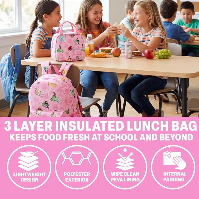 Get Trend Disney Princess Girls Corduroy Backpack 4 Piece Set | 17 inch Bookbag with Laptop Pocket, Insulated Lunch Bag, Pencil Case & Lanyard, Back to School Gifts for Girls - Image 4