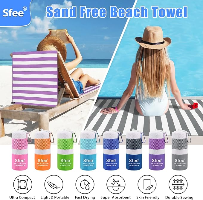 Sfee 2 in 1 Microfiber Beach Towel, Quick Dry Towel Camping Towel Travel Towel Super Absorbent Compact Lightweight Sports Gym Towels Set for Beach, Gym, Hiking, Pool, Backpacking, Bath, Yoga - Image 3