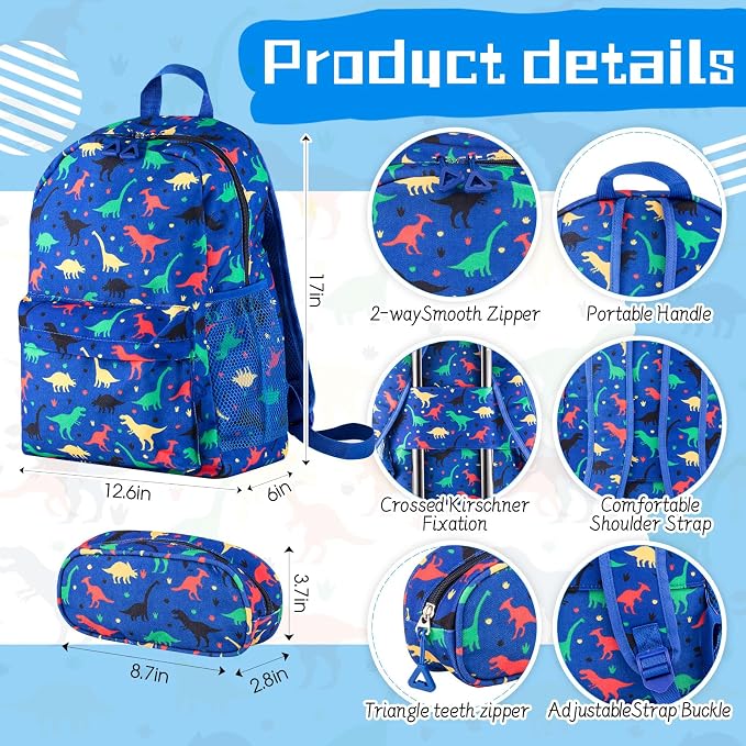Redbaker 6 Pcs Kids Luggage Set, 17 Inch Rolling Suitcase with Backpack Lunch Bag Neck Pillow, Blue Dinosaur Travel Set for Summer Vacation Sleepover Back to School Gift - Image 5
