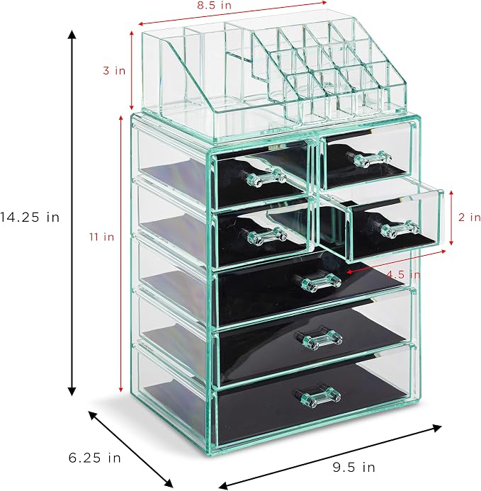 Sorbus Acrylic Makeup Organizer Set, 7-Drawer Vanity & Countertop Cosmetic Storage with Small & Wide Compartments, Teal Thrill Makeup Storage for Brushes, Jewelry – Holiday Gift for Women & Teens - Image 3