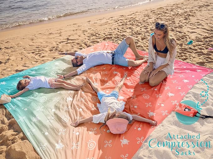 WEKAPO Beach Blanket Waterproof Sandproof Oversized Extra Large Sand Free Beach Mat with Stakes, Storage Bag - Essentials for Outdoor Beach, Picnic(Gradient Coral Sea Turtle, 8 X 7 FT (1~4 Person)) - Image 2