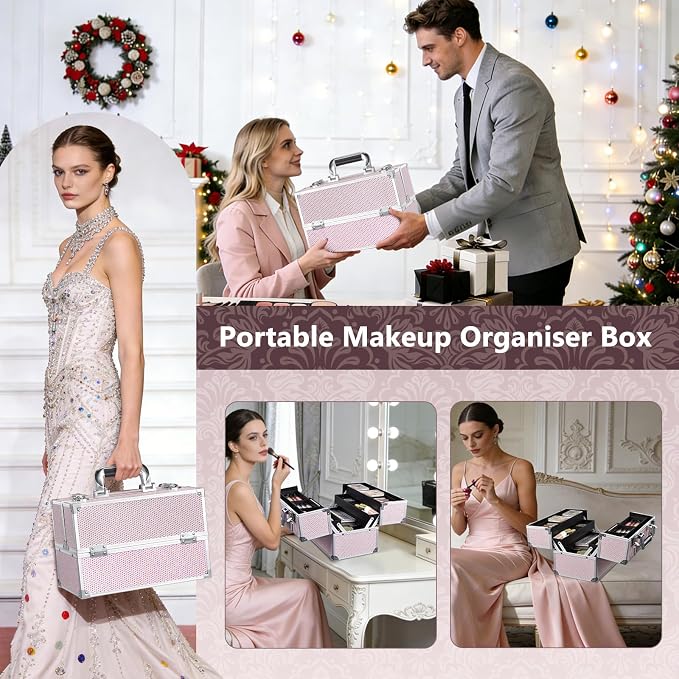 Stagiant 12.6 Inch Large Makeup Train Case, Professional 4 Trays Cosmetic Cases Makeup Storage Organizer Box Beauty Make Up Box with Lock&Adjustable Compartments for Nail, Accessories, Skincare, Pink - Image 6