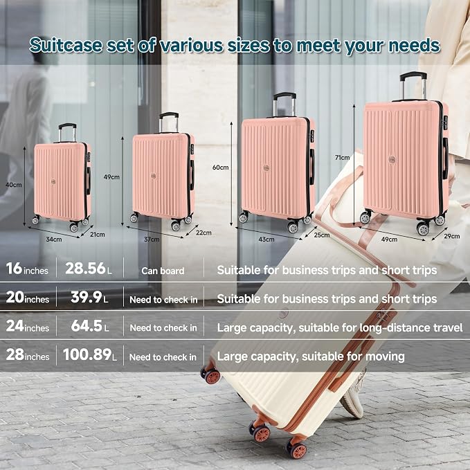 Hoteel 20Inch Luggage 3-piece Set, 360° Universal Suitcases with Wheels Hard Shell Suitcase with TSA Lock, Including Waterproof Luggage Bag, Travel Maletas for Men and Women,Pink - Image 8