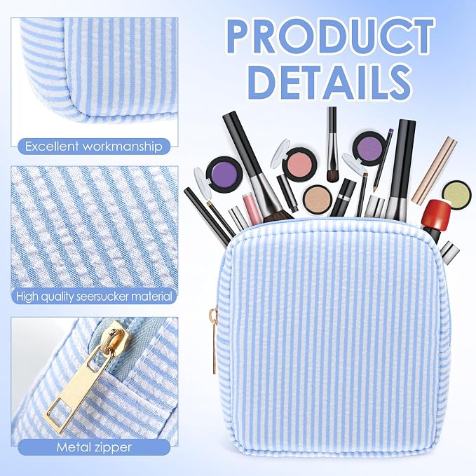 Sanwuta 6 Seersucker Cosmetic Bag Bulk Striped Makeup Bag for Women Aesthetic Cute Travel Toiletry Organizer Preppy Storage Pouch for Wedding Bridesmaid Mother's Day Teacher Gift (Small,Light Blue) - Image 3